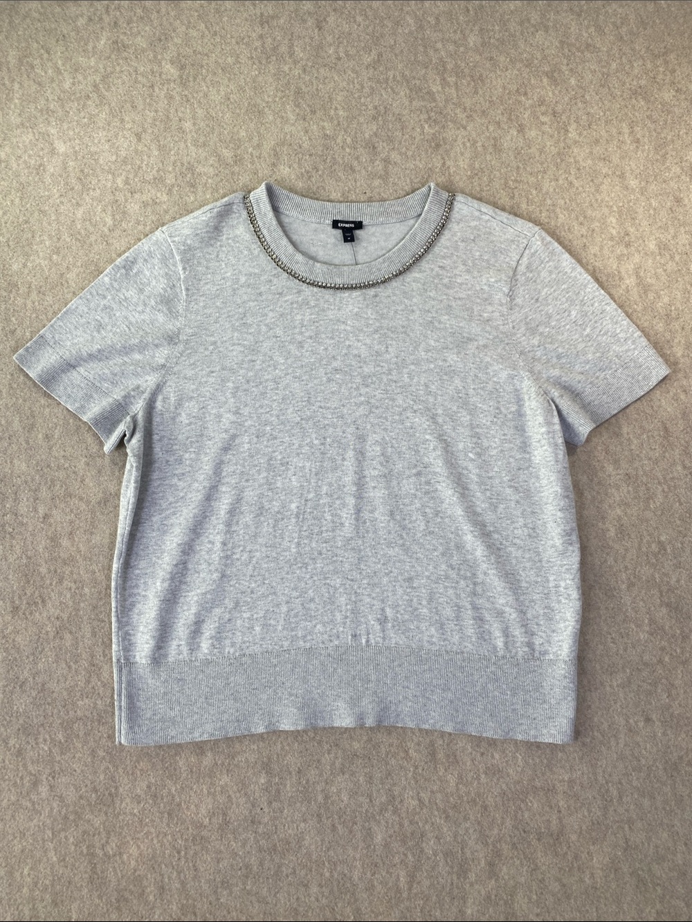 NWT Express Light Gray Short-Sleeve Sweater Top with Embellished Collar